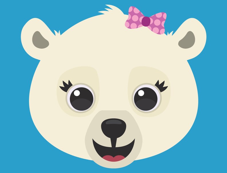 May include: A white polar bear face with a pink polka dot bow on its head. The bear has black eyes, a black nose, and a pink open mouth.