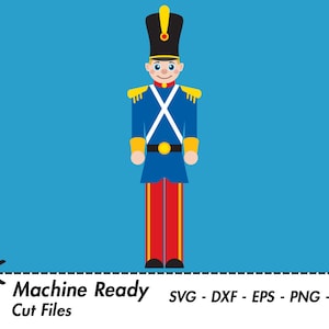May include: A cartoon illustration of a toy soldier wearing a blue uniform with a red sash, a black hat with a gold trim, and a yellow belt. The soldier is standing with a smile on his face.