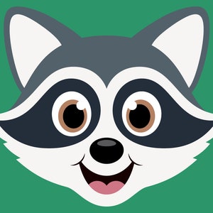 May include: A cartoon raccoon face with black eyes, a brown nose, and a wide, toothy smile. The raccoon has grey fur and black markings around its eyes.