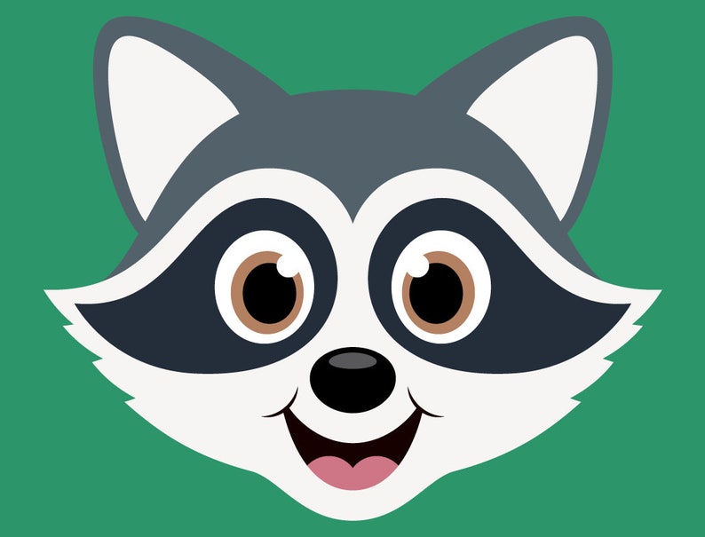 May include: A cartoon raccoon face with black eyes, a brown nose, and a wide, toothy smile. The raccoon has grey fur and black markings around its eyes.