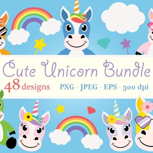 Cute Unicorn Clipart Bundle, PNG rainbow clip art, happy unicorn face, unicorns magical horn, fantasy horse head, fairy tale animal print