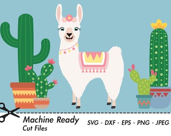 Cute Llama SVG Cut Files, PNG llamas clipart, arte clip de granja, cara de llama feliz, niña, vector animal rancho imprimible, alpaca, cactus divertidos