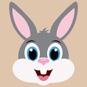 May include: A cartoon bunny rabbit with gray fur, pink ears, and big blue eyes. The bunny has a white muzzle and is smiling with its mouth open.