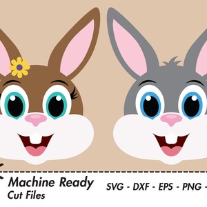 May include: Two cartoon bunny faces, one brown with a yellow flower and the other gray. Both bunnies have big blue eyes and pink noses. The bunnies are smiling with their mouths open.