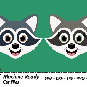 May include: Two cartoon raccoon faces with black eyes, black noses, and white teeth. The raccoon on the left has brown eyes and the raccoon on the right has green eyes. Both raccoons are smiling.