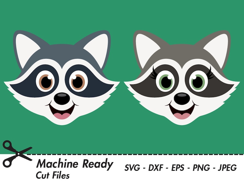 May include: Two cartoon raccoon faces with black eyes, black noses, and white teeth. The raccoon on the left has brown eyes and the raccoon on the right has green eyes. Both raccoons are smiling.