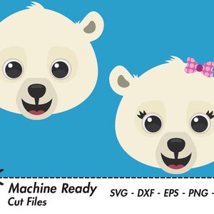 May include: Two cartoon polar bear faces, one with a pink polka dot bow. The bears have white fur, black noses, and black eyes. They are smiling with pink mouths.