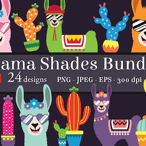 Llama Shades Clipart Bundle, llamas clip art PNG, printable cactus art, happy llama face, cute llama head, girl, boy, alpaca, ranch animal