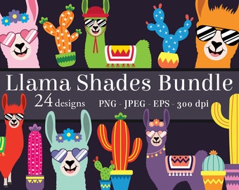 Llama Shades Clipart Bundle, llamas clip art PNG, printable cactus art, happy llama face, cute llama head, girl, boy, alpaca, ranch animal
