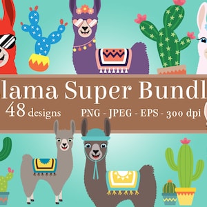 Llama Clipart Super Bundle, llamas clip art PNG, printable cactus art, happy llama face, cute llama head, girl, boy, alpaca, ranch animal