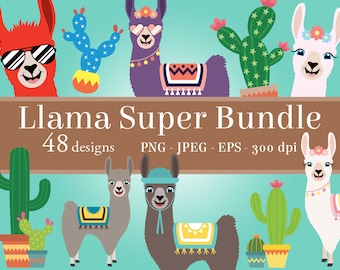 Llama Clipart Super Bundle, llamas clip art PNG, printable cactus art, happy llama face, cute llama head, girl, boy, alpaca, ranch animal