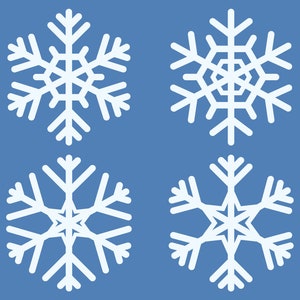 May include: Four white snowflake designs on a blue background. The snowflakes are all different shapes and sizes.