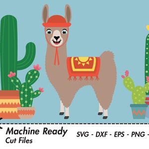Cute Llama SVG Cut Files, PNG llamas clipart, farmhouse clip art, happy llama face, boy, printable ranch animal vector, alpaca, fun cactus