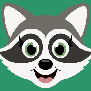 May include: A cartoon raccoon face with black eyes, green eyelids, and a pink tongue sticking out. The raccoon has a black nose and grey fur.