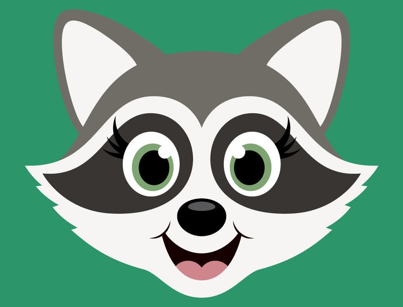 May include: A cartoon raccoon face with black eyes, green eyelids, and a pink tongue sticking out. The raccoon has a black nose and grey fur.