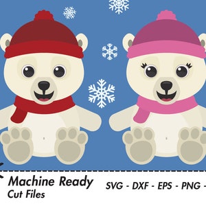 Cute Polar Bear SVG Cut Files, PNG polar bear clipart, baby bear clip art, animal vector graphic, printable bear face, winter snowflake art