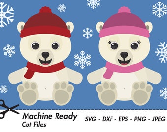 Cute Polar Bear SVG Cut Files, PNG polar bear clipart, baby bear clip art, animal vector graphic, printable bear face, winter snowflake art