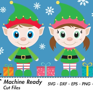 May include: Two cartoon elves, one with brown hair and one with blonde hair, are dressed in green elf costumes with red hats and white trim. They are standing in front of a blue background with snowflakes. Each elf is holding a gift box. The text "Machine Ready Cut Files" and "SVG - DXF - EPS - PNG - JPEG" is at the bottom of the image.
