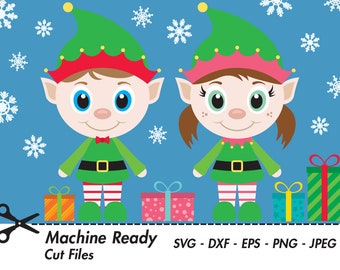 Cute Elfs SVG Cut Files, PNG elf clipart, Christmas clip art, elf face, elf hat, north pole character, printable winter vector, girl, boy