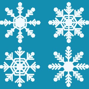 May include: Four white snowflake designs on a blue background. The snowflakes are symmetrical and have a six-pointed star shape.