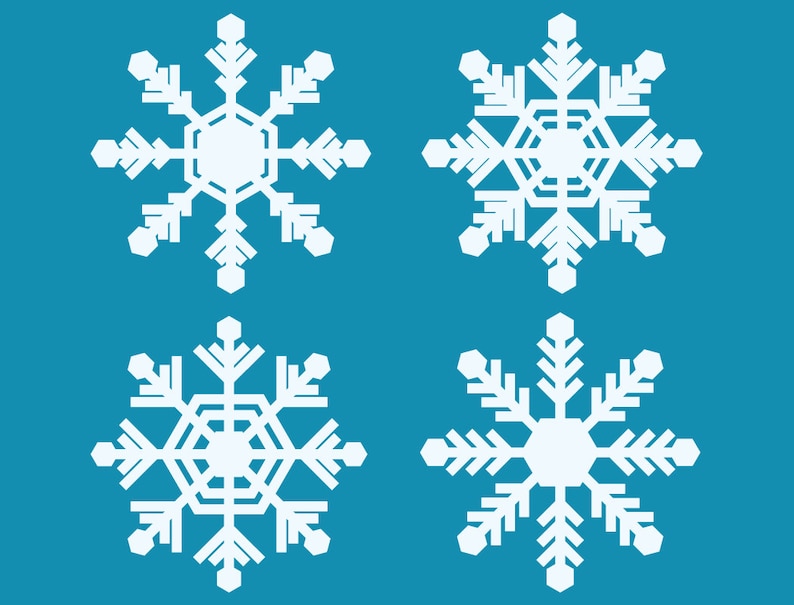May include: Four white snowflake designs on a blue background. The snowflakes are symmetrical and have a six-pointed star shape.
