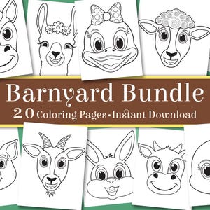 Puede incluir: Un conjunto de 20 páginas para colorear con varios animales de granja, incluyendo un caballo, una llama, un pato, una oveja, una vaca, un cerdo, una cabra, un conejo y un pollito. El título "Barnyard Bundle" se muestra en una pancarta marrón.