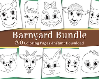 Cute Barnyard Animal Coloring Pages, Farmhouse, Cow, Chicken, Duck, Goat, Pig, Sheep, Horse, Longhorn, Rabbit, Llama Head, Adorable Fun Face