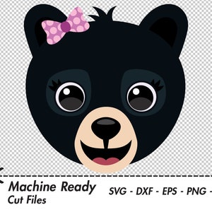 Cute Black Bear SVG Cut Files, black bear clipart, baby bear clip art, girl bear head design, woodland animal vector graphic, printable PNG