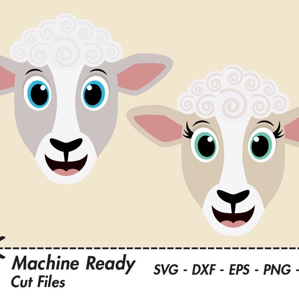 Mignon mouton coupe fichiers SVG, agneau heureux PNG face clipart, animaux de ferme clip art, mouton garçon, mouton fille, bétail campagne, imprimable