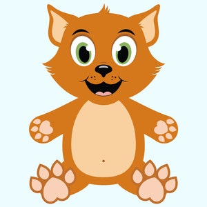 May include: A cartoon illustration of a brown cat with green eyes and a big smile. The cat is sitting with its paws in the air.