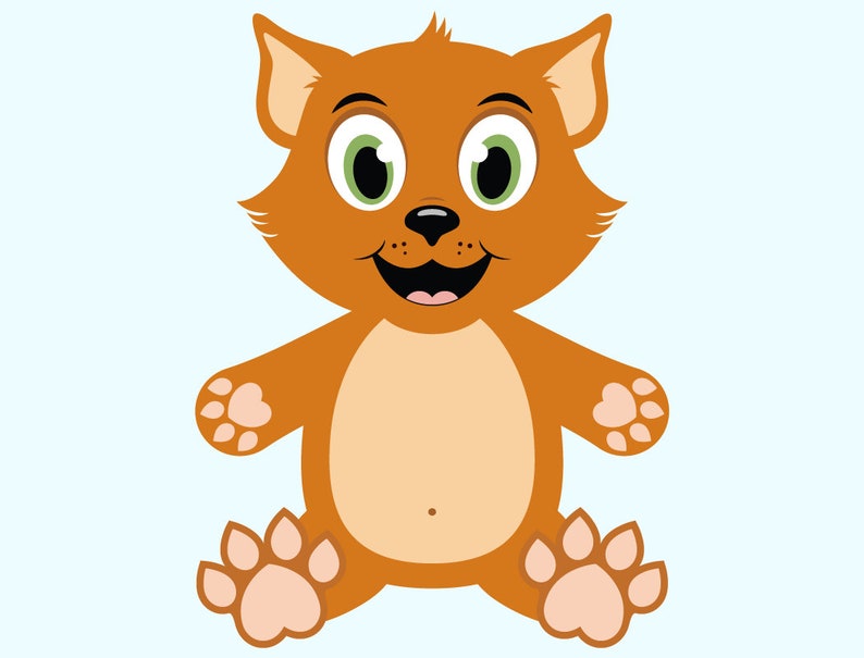May include: A cartoon illustration of a brown cat with green eyes and a big smile. The cat is sitting with its paws in the air.