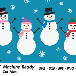May include: Four cartoon snowmen with different colored hats and scarves on a blue background with white snowflakes. The snowmen are wearing pink, blue, red, and green scarves.