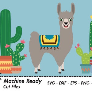 Cute Llama SVG Cut Files, PNG llamas clipart, farmhouse clip art, happy llama face, boy, printable ranch animal vector, alpaca, fun cactus