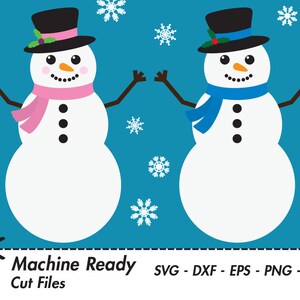 May include: Two cartoon snowmen with black top hats, one with a pink scarf and the other with a blue scarf. Both snowmen have black eyes, a carrot nose, and three black buttons. The snowmen are on a blue background with white snowflakes.