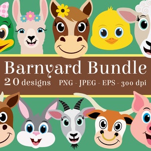 Barnyard Animal Clipart Bundle, farmhouse clip art, cow, chicken, duck, goat, pig, sheep, horse, longhorn, rabbit, llama head, cute face,