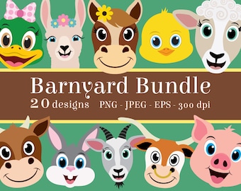 Barnyard Animal Clipart Bundle, farmhouse clip art, cow, chicken, duck, goat, pig, sheep, horse, longhorn, rabbit, llama head, cute face,
