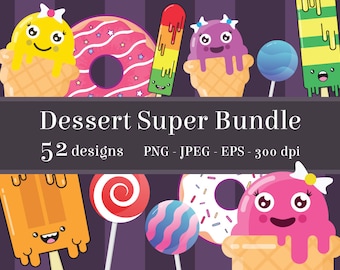 Dessert Clipart Bundle, cute food, kawaii food, printable popsicle graphics, candy shop art, donut design, melting ice cream, lollipop print