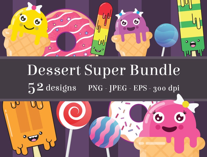 Dessert Clipart Bundle, cute food, kawaii food, printable popsicle graphics, candy shop art, donut design, melting ice cream, lollipop print image 1