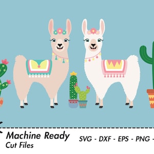 May include: Two cartoon llamas with floral headbands and colorful saddle blankets stand in front of cacti in pots. The llamas are pink and white and have smiling faces. The cacti are green and have pink flowers.