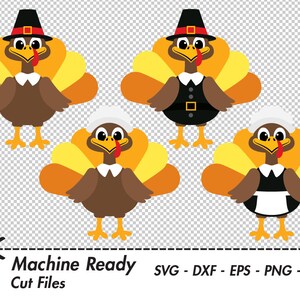 May include: Four cartoon turkeys wearing pilgrim hats. Two turkeys are wearing black pilgrim outfits, and two turkeys are wearing black and white pilgrim outfits. The turkeys have yellow and orange feathers.