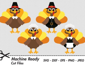 Cute Pilgrim Turkey SVG Cut Files, PNG Thanksgiving turkey clipart, autumn vector graphic art, pilgrim clip art, wild turkey day character