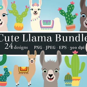 Cute Llama Clipart Bundle, llamas clip art PNG, printable cactus art, happy llama face, llama head, girl, boy, alpaca, ranch animal