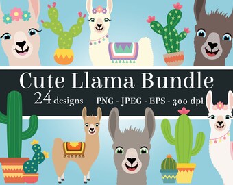 Cute Llama Clipart Bundle, llamas clip art PNG, printable cactus art, happy llama face, llama head, girl, boy, alpaca, ranch animal