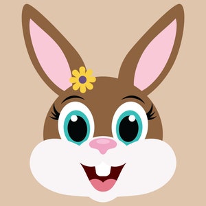 May include: A cartoon illustration of a brown bunny with big blue eyes, a pink nose, and a yellow flower with a purple center in its fur. The bunny is smiling with its mouth open and white teeth showing.