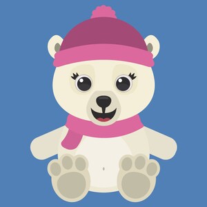 May include: A white polar bear wearing a pink hat and scarf. The bear is sitting with its paws in front of it and has a happy expression on its face.