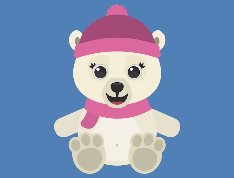 May include: A white polar bear wearing a pink hat and scarf. The bear is sitting with its paws in front of it and has a happy expression on its face.