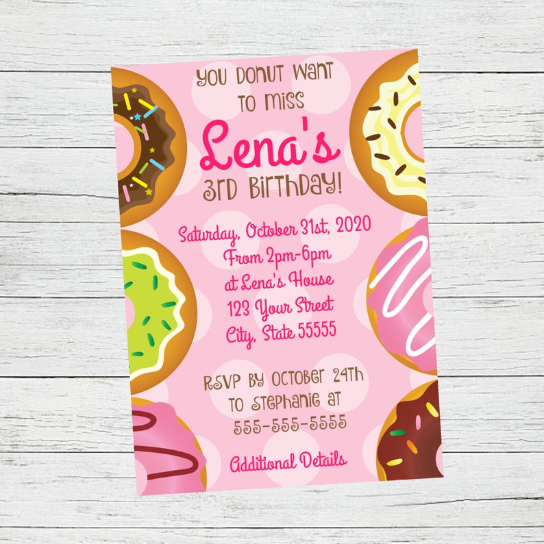 Physical Print or Digital Download Donut Themed Birthday Party Invitation