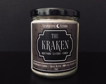 The Kraken | Scented Soy Candle | Driftwood Leather and Amber | 9 oz candle | Pirate Themed | Sea Monster | Cthulhu | Ocean Gift