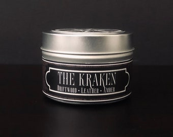 The Kraken | Scented Soy Candle | Driftwood Leather and Amber | 4 oz Travel Tin | Nautical Themed | Mythology | Pirate Gift