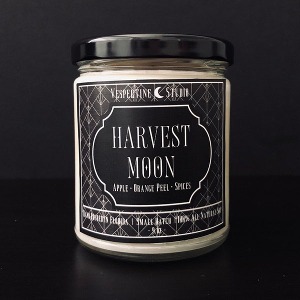 HARVEST MOON | Scented Soy Candle | Apple, Orange Peel, Spices | 9 oz candle | Moon Candle | Moon Lovers | Halloween Decor